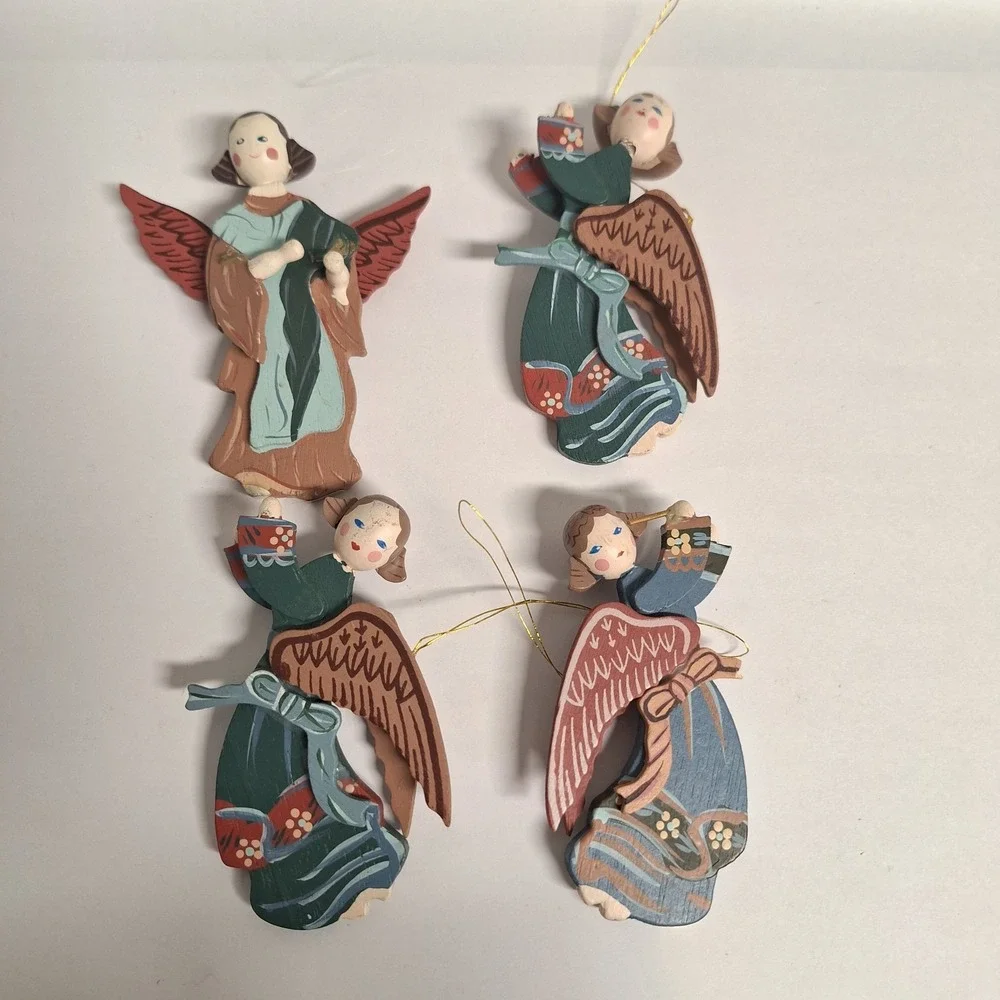 Vintage Wooden Angel Christmas Ornament Hand Painted Folk Art Tree‎ Decor